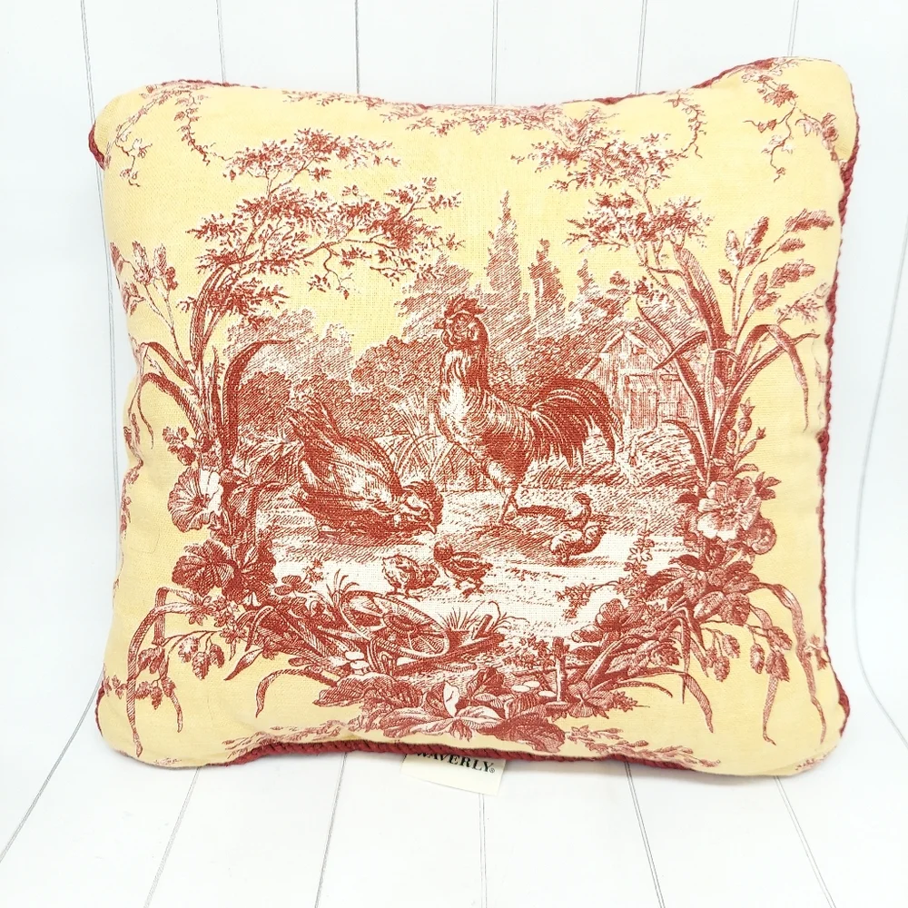 Waverly Yellow and Red Toile Rooster Throw Pillow French Country, Cottage